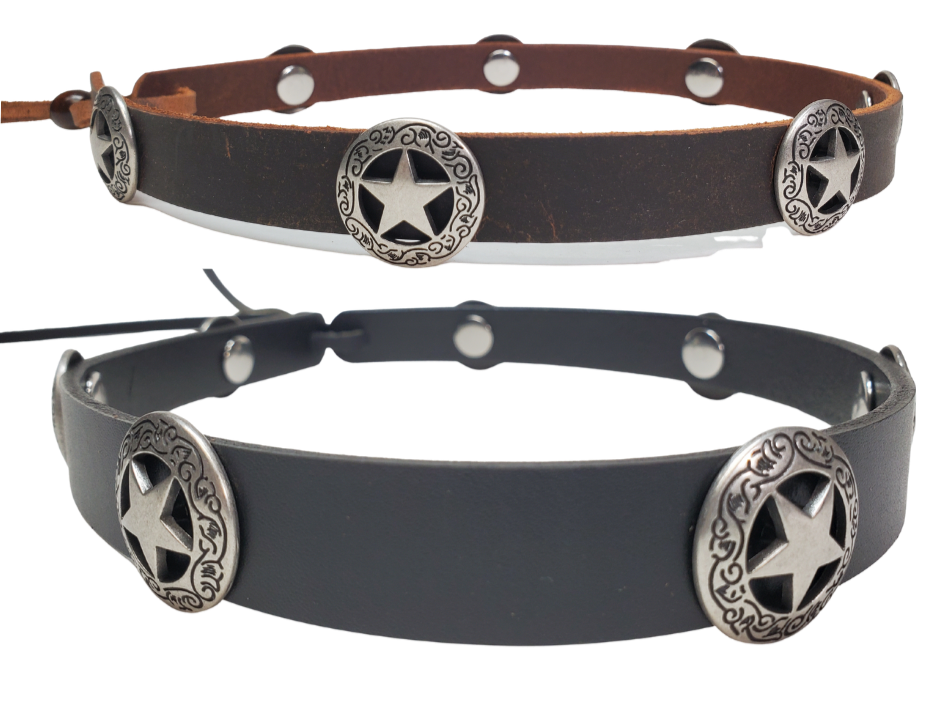 Our 7 Western Star Concho leather hatband is 3/4" wide by 23" (without tie string). Available in black or brown, pick one or a few. Fit's most any hat with adjustable bead and leather 1/8" string. Will fit most TOP HAT style and WESTERN crowned hats. Made in our Smyrna Tn. shop.