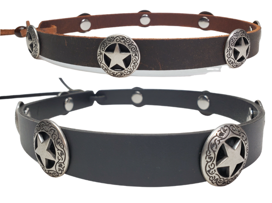 Our 7 Western Star Concho leather hatband is 3/4" wide by 23" (without tie string). Available in black or brown, pick one or a few. Fit's most any hat with adjustable bead and leather 1/8" string. Will fit most TOP HAT style and WESTERN crowned hats. Made in our Smyrna Tn. shop.