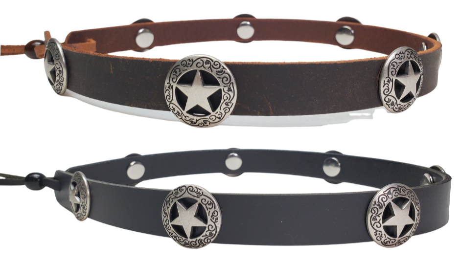 Side View. Our 7 Western Star Concho leather hatband is 3/4" wide by 23" (without tie string). Available in black or brown, pick one or a few. Fit's most any hat with adjustable bead and leather 1/8" string. Will fit most TOP HAT style and WESTERN crowned hats. Made in our Smyrna Tn. shop.