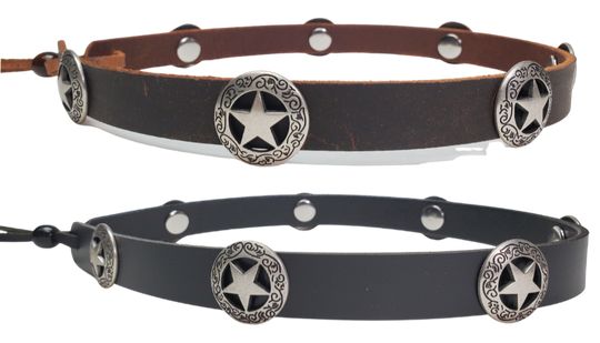 Side View. Our 7 Western Star Concho leather hatband is 3/4" wide by 23" (without tie string). Available in black or brown, pick one or a few. Fit's most any hat with adjustable bead and leather 1/8" string. Will fit most TOP HAT style and WESTERN crowned hats. Made in our Smyrna Tn. shop.