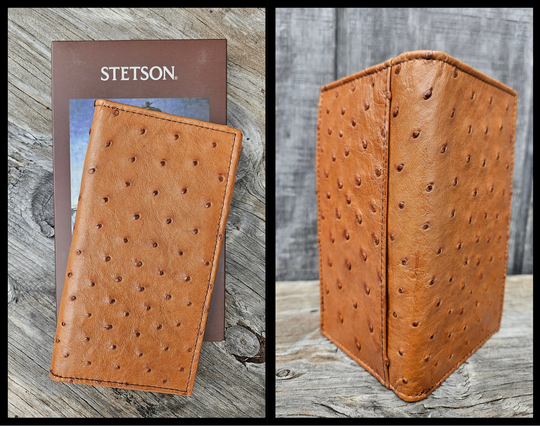 The Stetson Ostrich Long Wallet is made from authentic Ostrich leather in a Antique Cognac color, this Long checkbook wallet blends classic western style with bold luxury. The Stetson name guarantees top-notch craftsmanship and meticulous detail. It offers 12 card slots, 3 hidden pockets underneath, plus an outside cash slot. Available now at our Smyrna, TN store, just a quick 30-minute drive from downtown Nashville. Proudly made in Mexico.

Size 6 5/8" tall x 3 1/2" wide (folded)