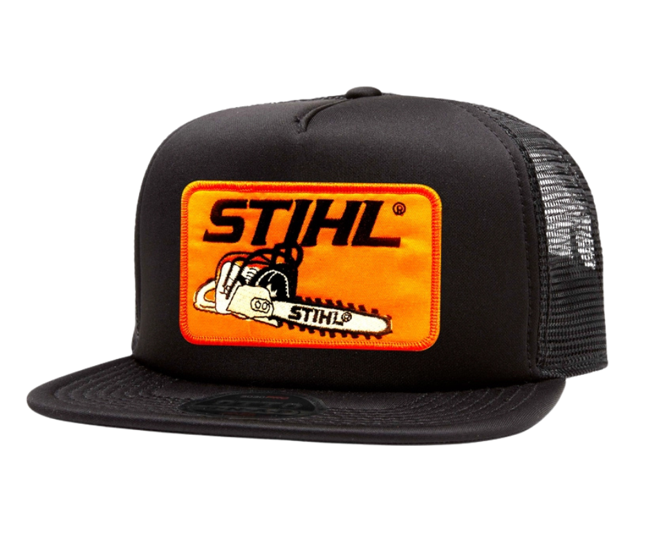 Chainsaws are cool. This all Black Stihl Chopper Hat is part of our new Classic Trucker Hat Collection. This Vintage orange Stihl Chopper Embroidered Patch is sewn on the Front Foam panel. Snapback one size fits most y’all.&nbsp;Get yours now at our Smyrna, TN store or online!