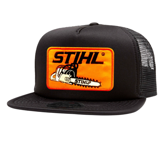 Chainsaws are cool. This all Black Stihl Chopper Hat is part of our new Classic Trucker Hat Collection. This Vintage orange Stihl Chopper Embroidered Patch is sewn on the Front Foam panel. Snapback one size fits most y’all.&nbsp;Get yours now at our Smyrna, TN store or online!