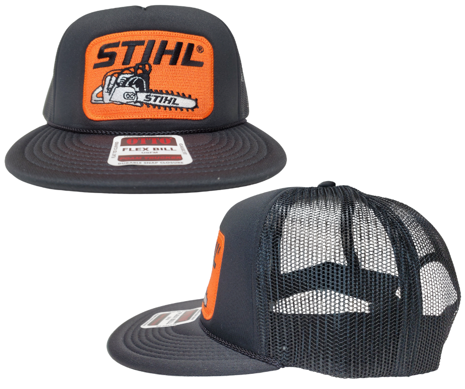 Chainsaws are cool. This all Black Stihl Chopper Hat is part of our new Classic Trucker Hat Collection. This Vintage orange Stihl Chopper Embroidered Patch is sewn on the Front Foam panel. Snapback one size fits most y’all.&nbsp;Get yours now at our Smyrna, TN store or online!