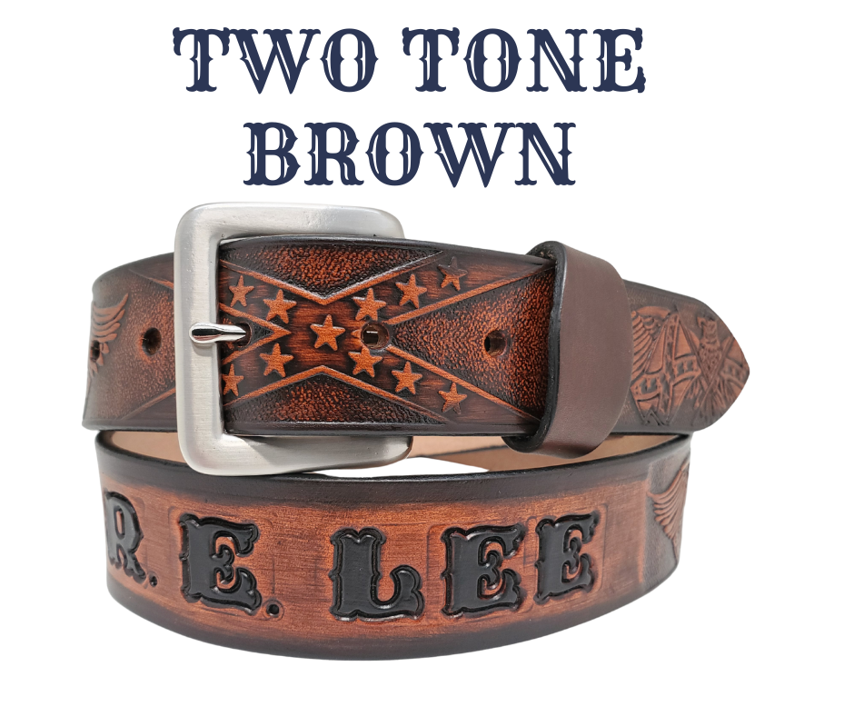This Name Belt is one-of-a-kind Hand stained strip of vegetable tanned leather showcasing a Southern Heritage Eagles and Stars and Bars style pattern. Plus, the solid brass buckle in antique nickel finish can be easily switched out. Each belt is handcrafted at our shop in Smyrna, Tennessee, close to Nashville.