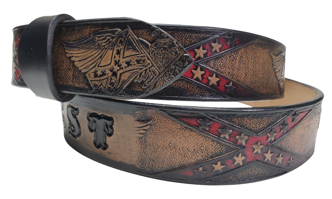 Stones River leather belt with red background behind stars