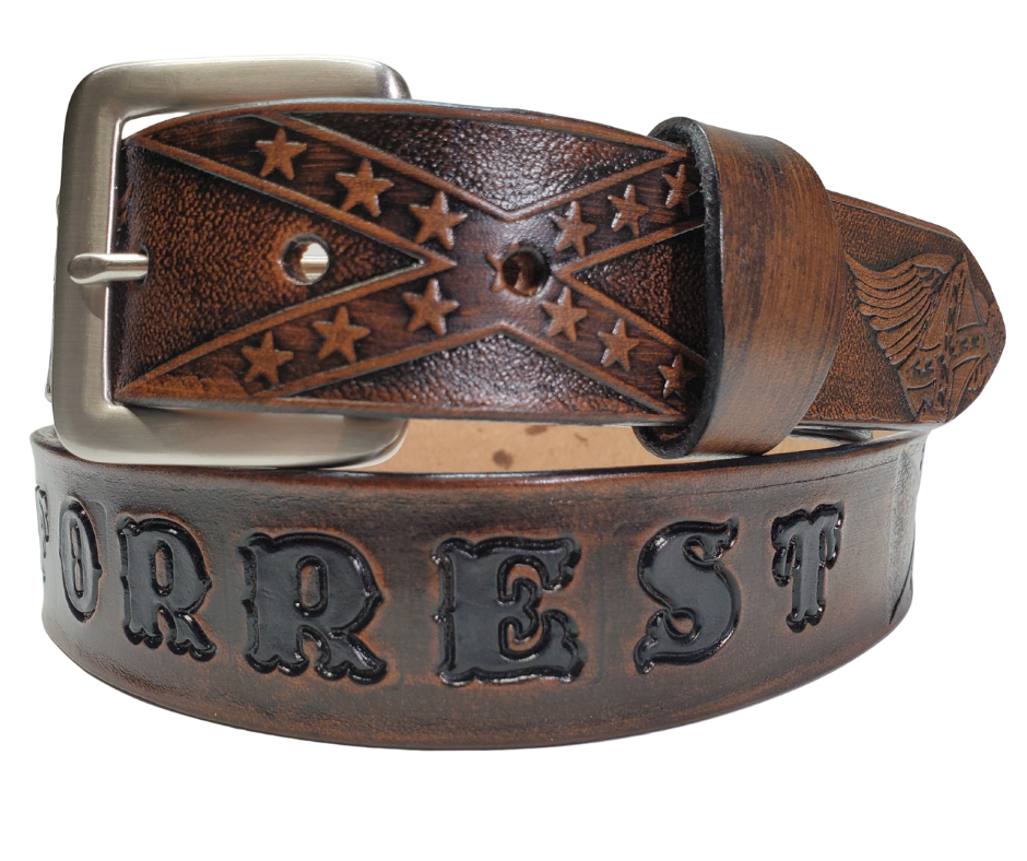 This Name Belt is one-of-a-kind Hand stained strip of vegetable tanned leather showcasing a Southern Heritage Eagles and Stars and Bars style pattern. Plus, the solid brass buckle in antique nickel finish can be easily switched out. Each belt is handcrafted at our shop in Smyrna, Tennessee, close to Nashville.