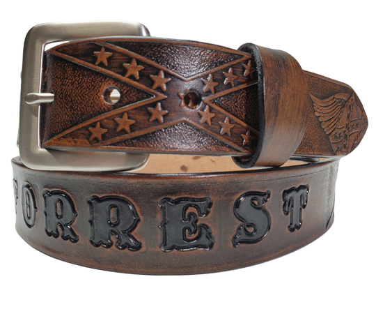 This Name Belt is one-of-a-kind Hand stained strip of vegetable tanned leather showcasing a Southern Heritage Eagles and Stars and Bars style pattern. Plus, the solid brass buckle in antique nickel finish can be easily switched out. Each belt is handcrafted at our shop in Smyrna, Tennessee, close to Nashville.