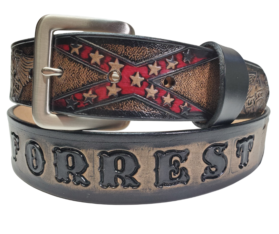 This Name Belt is one-of-a-kind Hand stained strip of vegetable tanned leather showcasing a Southern Heritage Eagles and Stars and Bars style pattern. Plus, the solid brass buckle in antique nickel finish can be easily switched out. Each belt is handcrafted at our shop in Smyrna, Tennessee, close to Nashville.