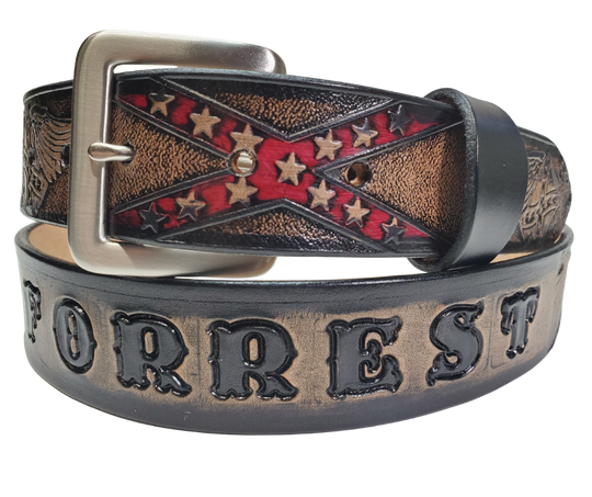 This Name Belt is one-of-a-kind Hand stained strip of vegetable tanned leather showcasing a Southern Heritage Eagles and Stars and Bars style pattern. Plus, the solid brass buckle in antique nickel finish can be easily switched out. Each belt is handcrafted at our shop in Smyrna, Tennessee, close to Nashville.