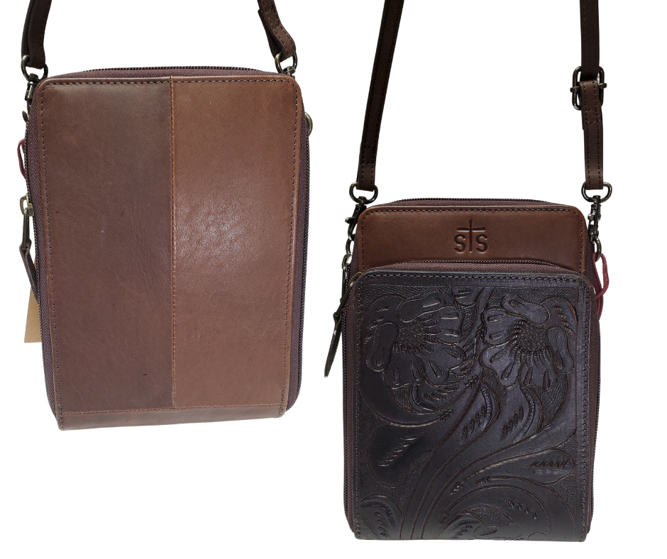 Tooled Western front
3 main zippered pockets
2 large pockets have 6 card slots each
Adjustable Crossbody strap
9 x 6 x 2 .5" empty