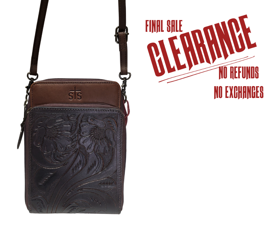 Tooled Western front
3 main zippered pockets
2 large pockets have 6 card slots each
Adjustable Crossbody strap
9 x 6 x 2 .5" empty