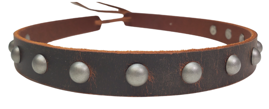 Distressed Brown. Our Bravo Rio 7 Domed Stud leather hatband is 3/4" wide by 23" (without tie string). Available in black or brown, pick one or a few. Fit's most any hat with adjustable bead and leather 1/8" string. Will fit most TOP HAT style and WESTERN crowned hats. Made in our Smyrna Tn. shop.