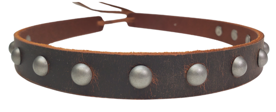 Distressed Brown. Our Bravo Rio 7 Domed Stud leather hatband is 3/4" wide by 23" (without tie string). Available in black or brown, pick one or a few. Fit's most any hat with adjustable bead and leather 1/8" string. Will fit most TOP HAT style and WESTERN crowned hats. Made in our Smyrna Tn. shop.