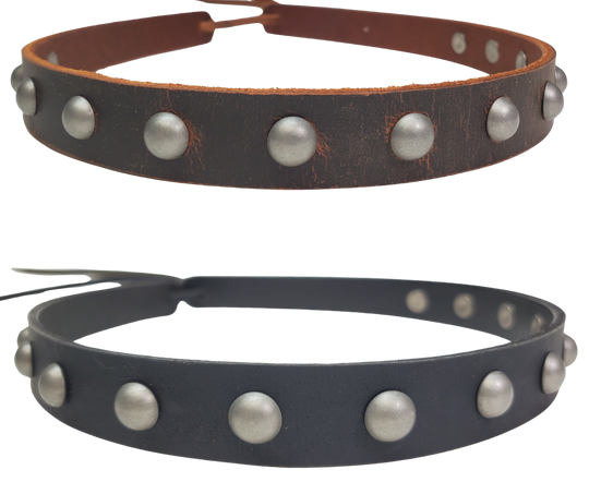Our Bravo Rio 7 Domed Stud leather hatband is 3/4" wide by 23" (without tie string). Available in black or brown, pick one or a few. Fit's most any hat with adjustable bead and leather 1/8" string. Will fit most TOP HAT style and WESTERN crowned hats. Made in our Smyrna Tn. shop.
