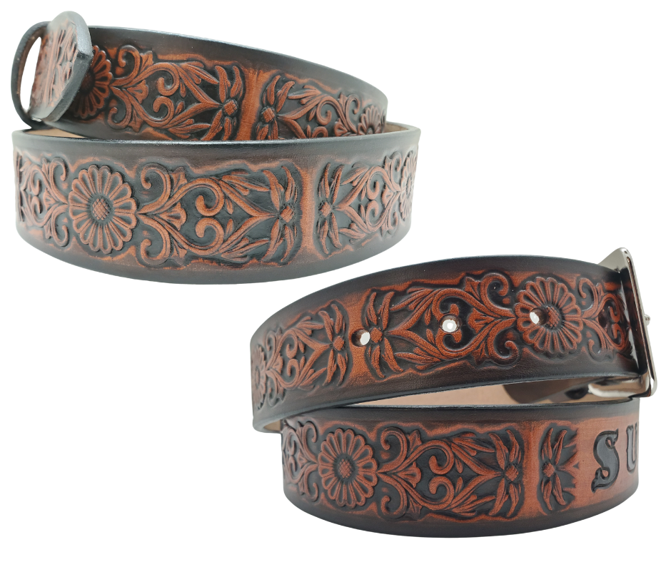 "The Sun Daisy" is a handmade real VEGTAN belt made from a single strip of cowhide shoulder leather that is 8-10 oz. or approx. 1/8" thick. It has hand burnished (smoothed) & edges and Summer flowers embossed on the surface. The antique nickel plated solid brass buckle is snapped in place with heavy snaps. This belt is made just outside Nashville in Smyrna, TN.