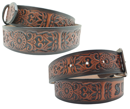 "The Sun Daisy" is a handmade real VEGTAN belt made from a single strip of cowhide shoulder leather that is 8-10 oz. or approx. 1/8" thick. It has hand burnished (smoothed) & edges and Summer flowers embossed on the surface. The antique nickel plated solid brass buckle is snapped in place with heavy snaps. This belt is made just outside Nashville in Smyrna, TN.