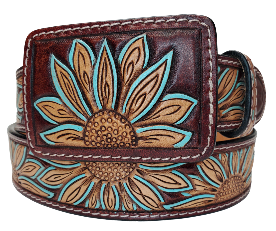 This all veg-tan Leather belt boasts a Sunflower design of natural color set on a dark brown background with a touch of turquoise on the petals and completed with white contrast stitching along the edges. The Matching leather belt buckle can be easily removed and changed thanks to the screw post closure. Whether you choose to shop online or visit our Smyrna, TN store, not far from Famous downtown Nashville. Imported.