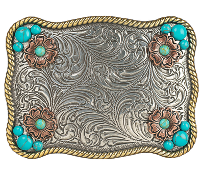 Sunsets are a divine gift. The "Sunset Flower" Belt Buckle takes your mind to one. Its rectangular shape, rope edge, and western floral background are accented by small Turquoise stones and Copper flowers. At 2 1/2" tall by 3 1/2" wide, this versatile buckle fits belts up to 1 1/2" wide and is available at our retail store in Smyrna, TN, near Nashville. We can't wait for you to see it!