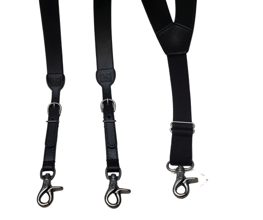 Leather suspenders are the perfectly stylish accessory for your wardrobe. The main leather straps are 1 3/8" and taper to 3/4". Buckle adjustment and elastic back and scissor style clips for easy attachment to pants. Stocked in our Smyrna, TN store 20 miles from Nashville.
Measured adjustment 36" - 44"
Adjustable
Suspenders are measured from back center belt loop, over the shoulder to front belt loop
Imported