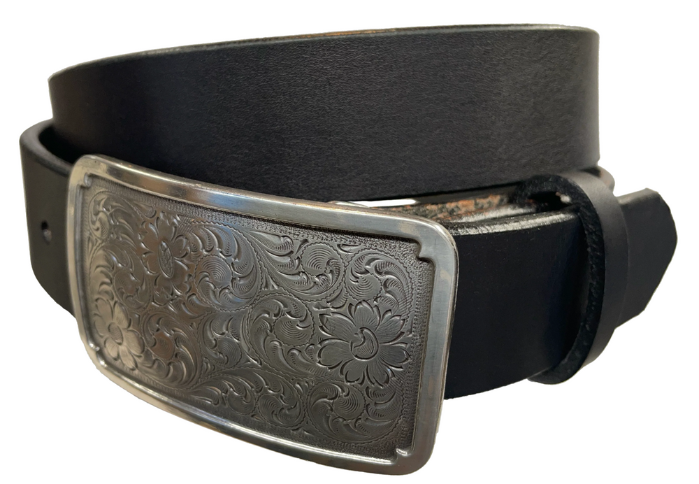 Rectangular antique silver belt buckle with western style tooling, size approx. 3" wide by 2 1/2" tall. Belt is handmade from a single strip of leather in our shop. Belt colors available are distressed brown, black, and dark brown. Buckle snaps in place for easy changing if desired.﻿ CHOOSE ONE BELT STRIP COLOR! Available online and at our shop just outside Nashville in Smyrna, TN.