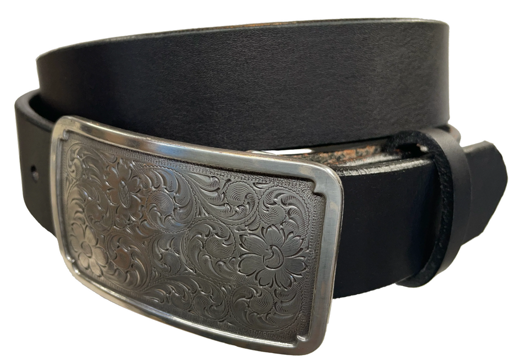 Rectangular antique silver belt buckle with western style tooling, size approx. 3" wide by 2 1/2" tall. Belt is handmade from a single strip of leather in our shop. Belt colors available are distressed brown, black, and dark brown. Buckle snaps in place for easy changing if desired.﻿ CHOOSE ONE BELT STRIP COLOR! Available online and at our shop just outside Nashville in Smyrna, TN.