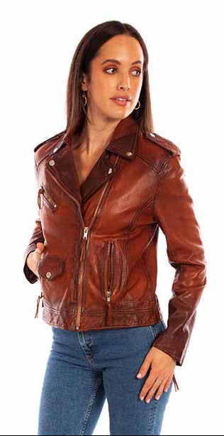 Woman wearing a brown leather jacket on a white background Scully MC jacket