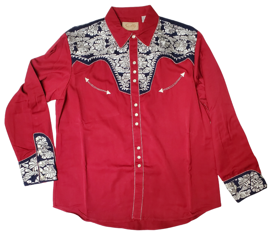 Front view - Western shirts with Embroidered Western Tooled stitching never go out of style! Inspired by classic cowboy movies, these timeless designs are favorites of today’s country stars and rock icons alike. Pair them with your favorite ripped jeans for a casual vibe or dress them up with sharp jeans for a night out. Just arrived at our Smyrna, TN shop, just a stone’s throw from Music Row in downtown Nashville!