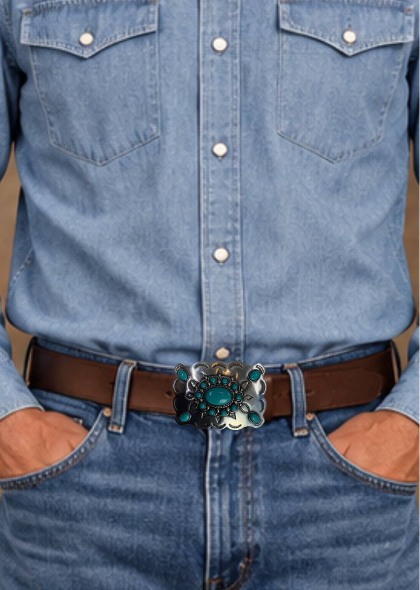Southwestern style belt buckle with Southwestern tooling, scalloped design around edges, and simulated turquoise stones, approx. size 3 1/2" wide by 2 1/2" tall.  Color is antique silver, buckle is made of zinc. Fits belts 1 1/2" wide. Available online and in our shop just outside Nashville in Smyrna, TN. Back of buckle is pictured.