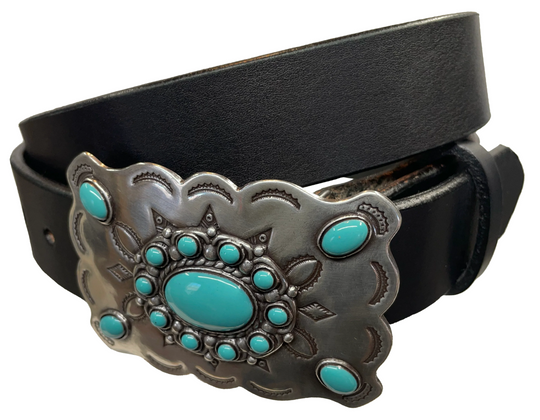 Southwestern style belt buckle with Southwestern tooling, scalloped design around edges, and simulated turquoise stones, approx. size 3 1/2" wide by 2 1/2" tall.  Color is antique silver, buckle is made of zinc. Fits belts 1 1/2" wide. Belt is handmade from a single strip of leather, choose from either distressed brown, black, or dark brown. CHOOSE ONE BELT STRIP COLOR! Available online and in our shop just outside Nashville in Smyrna, TN. Distressed brown belt.