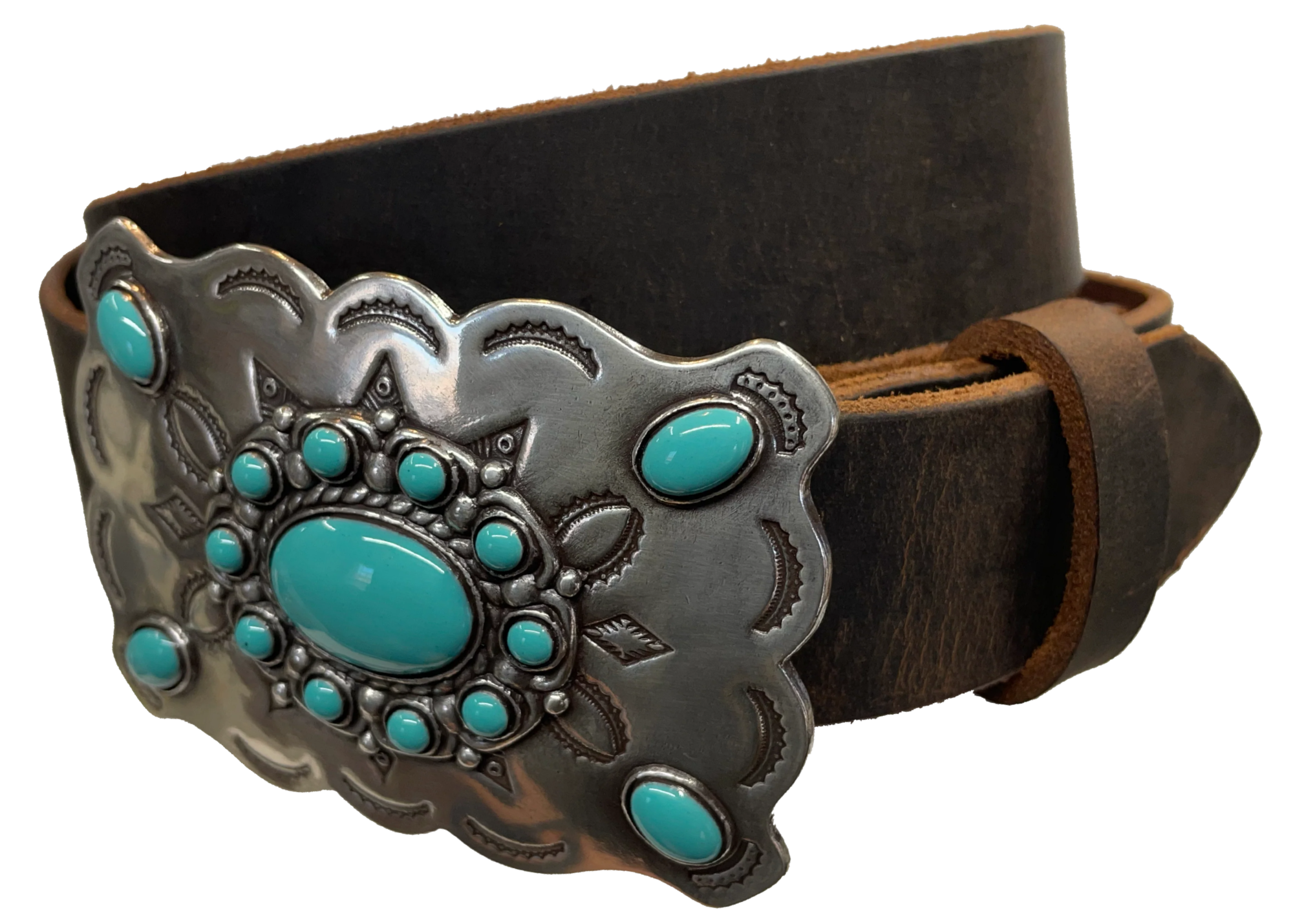 Southwestern style belt buckle with Southwestern tooling, scalloped design around edges, and simulated turquoise stones, approx. size 3 1/2" wide by 2 1/2" tall.  Color is antique silver, buckle is made of zinc. Fits belts 1 1/2" wide. Belt is handmade from a single strip of leather, choose from either distressed brown, black, or dark brown. CHOOSE ONE BELT STRIP COLOR! Available online and in our shop just outside Nashville in Smyrna, TN. Distressed brown belt.