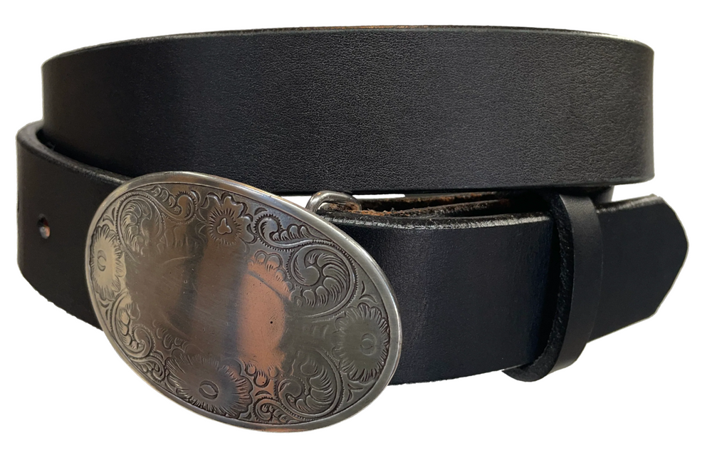 "The Silverton" is an oval shaped & antique silver colored belt buckle with Western style tooling design, Smaller sized approx. 3" wide by 2" tall. CHOOSE ONE BELT STRIP COLOR! Belt is a solid strip of leather and made in our shop in Smyrna, TN, just outside of Nashville. Belt is 1 1/2" wide, choose from either distressed brown, black, or dark brown. Sizes available from 34"-44". Buckle is imported. Available in our retail and online shops.
