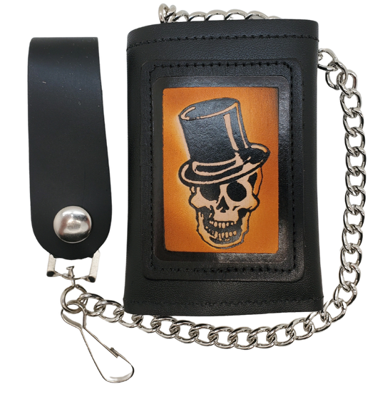 Skull Top Hat all leather Tri-fold Chain Wallet. 1 Cash Slot for all your important stash, 3 card slots and 1 underneath the middle slot. It&