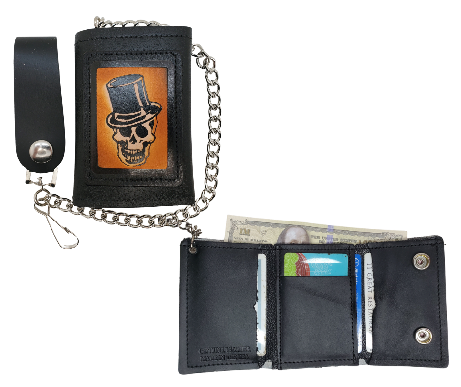 Skull Top Hat all leather Tri-fold Chain Wallet. 1 Cash Slot for all your important stash, 3 card slots and 1 underneath the middle slot. It&