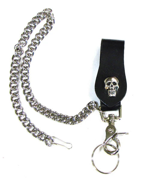 This Vintage style Steel Chain with a Skull Head Concho. Simple but Sturdy and will keep your wallet where it needs to be. The Leather loop, decorated with a Skull concho, attaches to your jeans and the split ring attaches to your wallet. Chrome plated. Ride down and get yours in our shop just outside Nashville in Smyrna, TN.

18" Chain Length
Leather belt tab