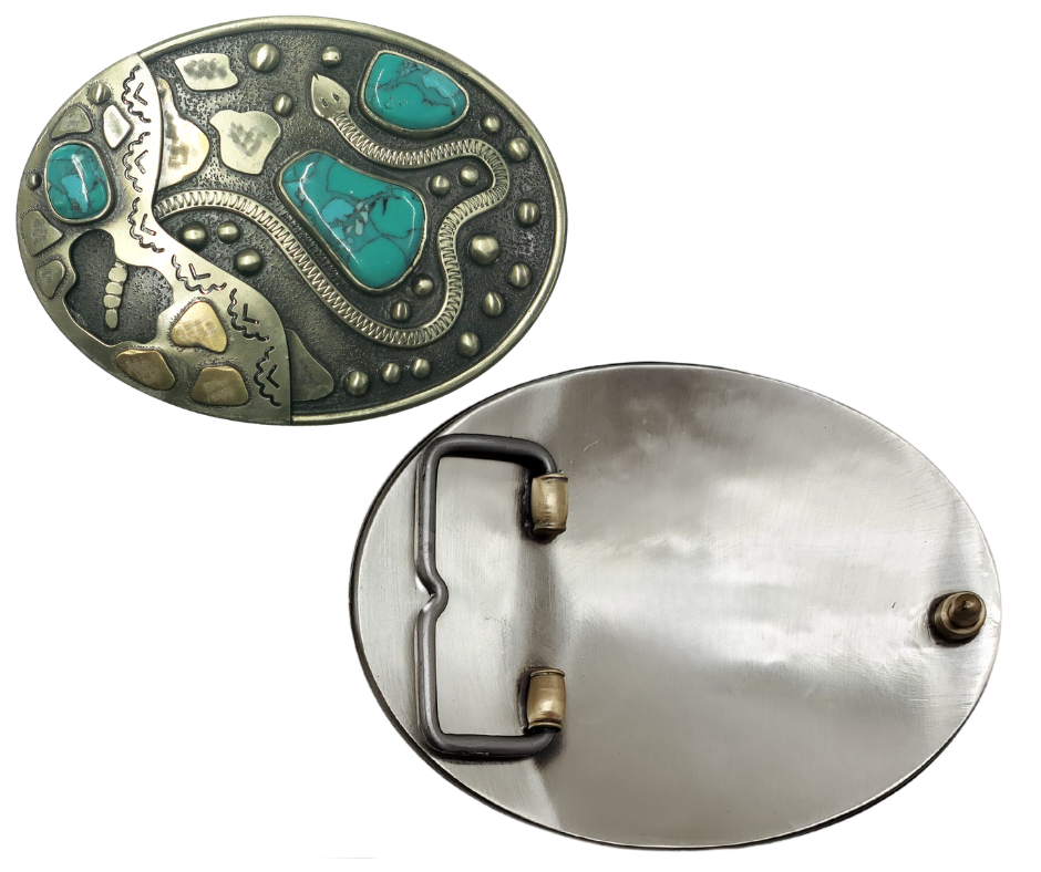The Snake River buckle is made from German Silver (nickel and brass alloy) or iron metal base. Each piece is punched, cut, soldered, engraved, polished and painted by our talented metal workers.  Our products give you the quality and long for lasting final product. Available at our Smyrna, TN shop just outside of Nashville. Approx. Width 4” Height 3”