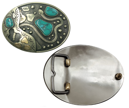 The Snake River buckle is made from German Silver (nickel and brass alloy) or iron metal base. Each piece is punched, cut, soldered, engraved, polished and painted by our talented metal workers.  Our products give you the quality and long for lasting final product. Available at our Smyrna, TN shop just outside of Nashville. Approx. Width 4” Height 3”