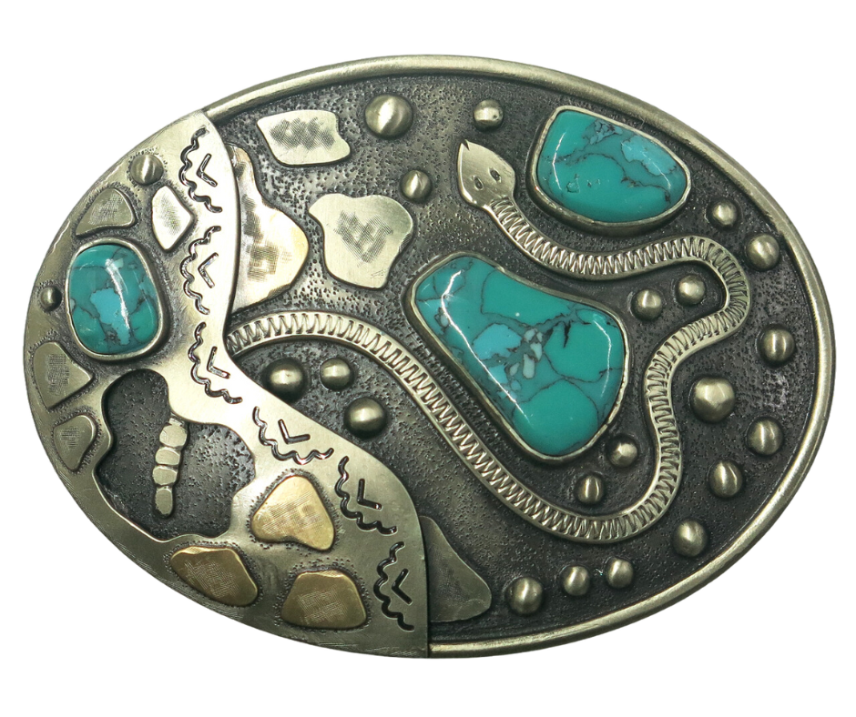 The Snake River buckle is made from German Silver (nickel and brass alloy) or iron metal base. Each piece is punched, cut, soldered, engraved, polished and painted by our talented metal workers.  Our products give you the quality and long for lasting final product. Available at our Smyrna, TN shop just outside of Nashville. Approx. Width 4” Height 3”