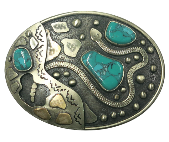 The Snake River buckle is made from German Silver (nickel and brass alloy) or iron metal base. Each piece is punched, cut, soldered, engraved, polished and painted by our talented metal workers.  Our products give you the quality and long for lasting final product. Available at our Smyrna, TN shop just outside of Nashville. Approx. Width 4” Height 3”