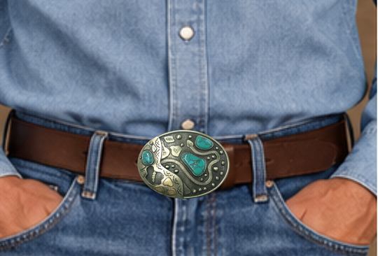 The Snake River buckle is made from German Silver (nickel and brass alloy) or iron metal base. Each piece is punched, cut, soldered, engraved, polished and painted by our talented metal workers.  Our products give you the quality and long for lasting final product. Available at our Smyrna, TN shop just outside of Nashville. Approx. Width 4” Height 3”