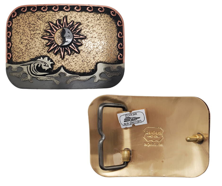The Sol Mar buckle is handmade from German Silver (nickel and brass alloy) or iron metal base. Our products are all handcrafted. In order to give you the quality and long lasting final product we also plate each piece with copper, nickel and silver to ensure the piece&