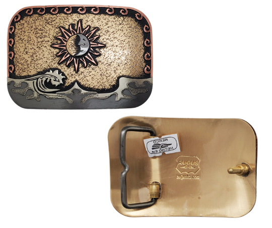 The Sol Mar buckle is handmade from German Silver (nickel and brass alloy) or iron metal base. Our products are all handcrafted. In order to give you the quality and long lasting final product we also plate each piece with copper, nickel and silver to ensure the piece&