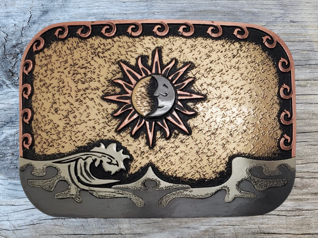 The Sol Mar buckle is handmade from German Silver (nickel and brass alloy) or iron metal base. Our products are all handcrafted. In order to give you the quality and long lasting final product we also plate each piece with copper, nickel and silver to ensure the piece&