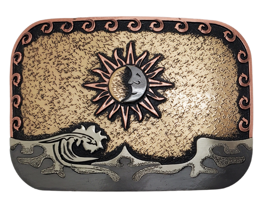 The Sol Mar buckle is handmade from German Silver (nickel and brass alloy) or iron metal base. Our products are all handcrafted. In order to give you the quality and long lasting final product we also plate each piece with copper, nickel and silver to ensure the piece&