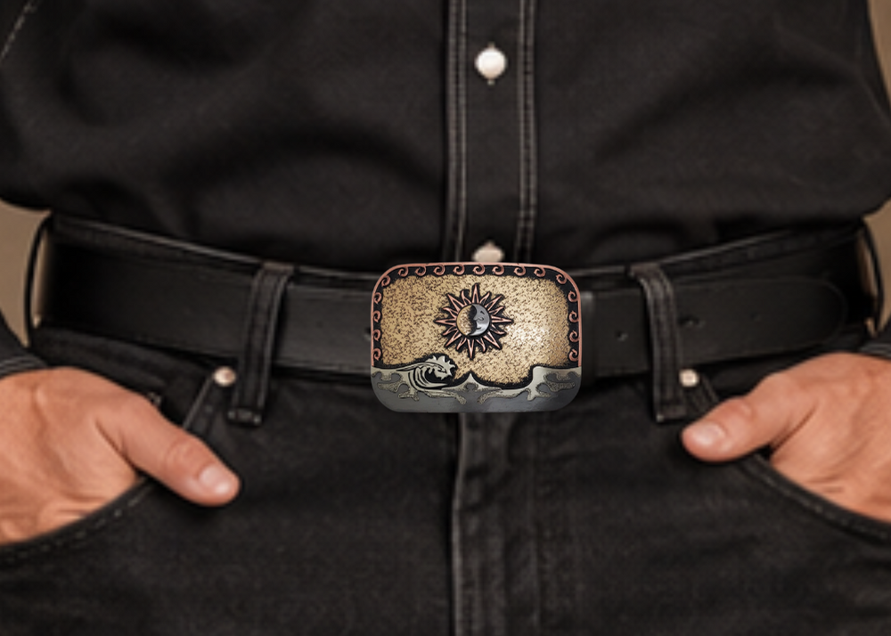 The Sol Mar buckle is handmade from German Silver (nickel and brass alloy) or iron metal base. Our products are all handcrafted. In order to give you the quality and long lasting final product we also plate each piece with copper, nickel and silver to ensure the piece's long lasting qualities. Available at our Smyrna, TN shop just outside of Nashville. Made in Mexico by talented metal workers.