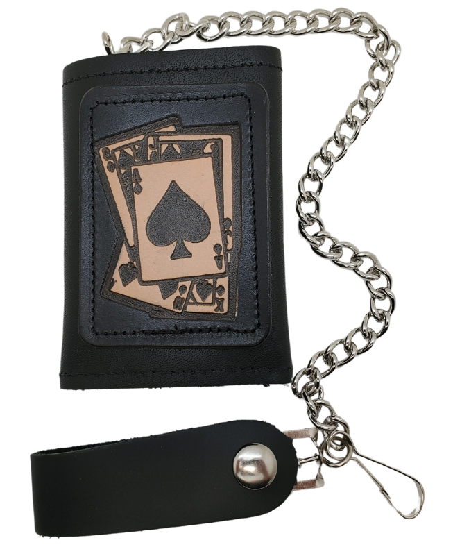 Spade card hand pattern Leather Patch all leather Tri-fold Chain Wallet. 1 Cash Slot for all your important stash, 3 card slots and 1 underneath the middle slot. It's USA made and Buckle and Hide approved. Approx. 3"x 4" folded. 2 snap closure. Complete with an 12" chrome plated chain including leather belt loop.