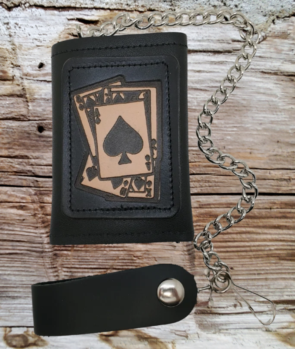 Spade card hand pattern Leather Patch all leather Tri-fold Chain Wallet. 1 Cash Slot for all your important stash, 3 card slots and 1 underneath the middle slot. It&