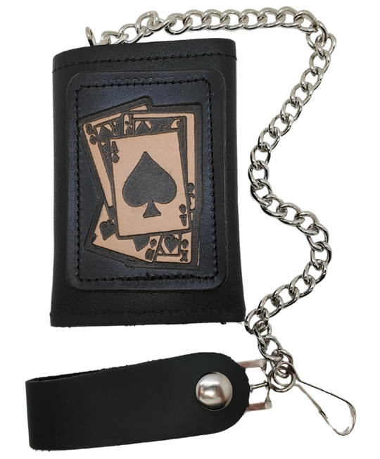 Spade card hand pattern Leather Patch all leather Tri-fold Chain Wallet. 1 Cash Slot for all your important stash, 3 card slots and 1 underneath the middle slot. It&
