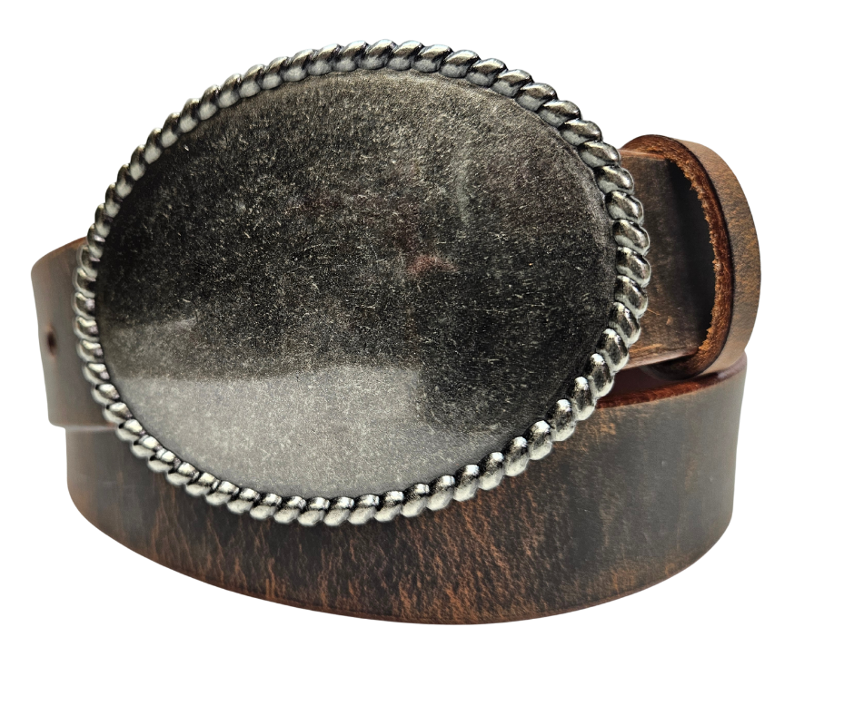 The Spherical Belt Buckle is named for it's unique Oval shape and Rope border. It's a Belt Buckle for for the minimalist attitude not needing to make a statement. With it's simple look it's perfect for the casual Black or Brown belt. Fits 1-1/2"(38mm) wide belt strap. Available at our Smyrna, TN shop not far from Murfreesboro.

Buckle Material: Zinc.
Buckle Size Approx: 3-3/4" W x 3" T.