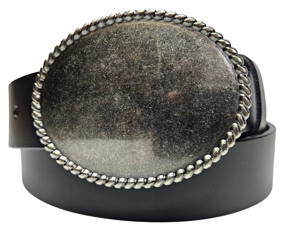 The Spherical Belt Buckle is named for it's unique Oval shape and Rope border. It's a Belt Buckle for for the minimalist attitude not needing to make a statement. With it's simple look it's perfect for the casual Black or Brown belt. Fits 1-1/2"(38mm) wide belt strap. Available at our Smyrna, TN shop not far from Murfreesboro.

Buckle Material: Zinc.
Buckle Size Approx: 3-3/4" W x 3" T.